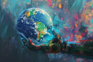 Futuristic Cyborg Hand Holding Holographic Planet Earth, Artificial Intelligence Concept, Digital Painting