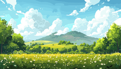 空に白い雲のある漫画の風景。背景に雲と美しい野原、夏の緑の田舎の丘、牧草地の風景、春の自然の土地。ベクトル図 - obrazy, fototapety, plakaty