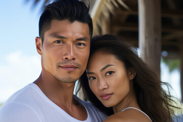 Fototapeta premium Generative AI photo of a cute beautiful sweet couple enjoying a honeymoon vacation at the beach
