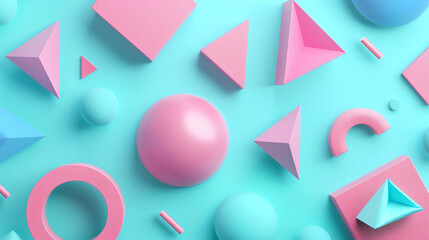 3D rendering of geometric shapes in pink and blue pastel colors. The shapes are arranged in a...