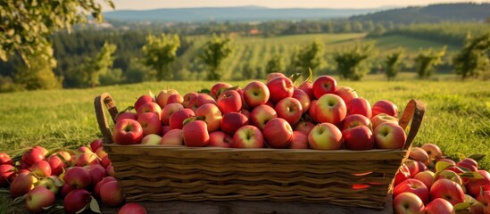 A basket of apples is placed on a table in a grassy field. The apples are natural foods, whole foods, and staple foods, harvested from a plant