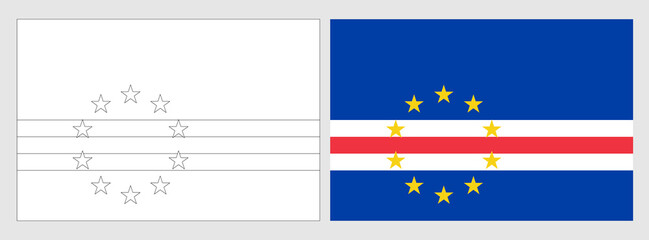 Cape Verde flag - coloring page. Set of white wireframe thin black outline flag and original colored flag.