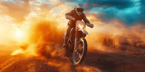 male racer motorcyclists on a sport enduro motorcycle races on dusty desert at sunset in summer