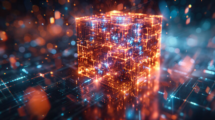 Futuristic digital cube with glowing neon lights, representing concepts of technology, data storage, and innovation.