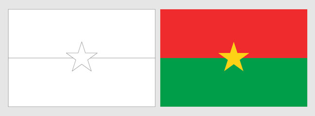 Burkina Faso flag - coloring page. Set of white wireframe thin black outline flag and original colored flag.