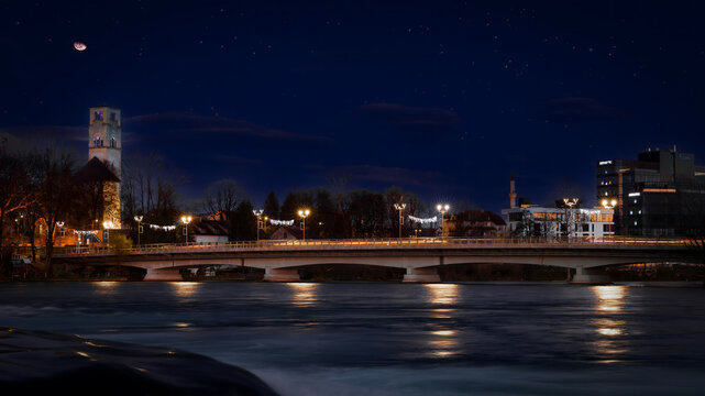 Night photo of town of Bihac in Bosnia and Herzegovina. River Una and the Bihać are part of National park Una with famous Strbacki Buk waterfall in Martin brod.