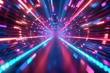 Futuristic tunnel with neon lights and high-speed motion blur, digital illustration