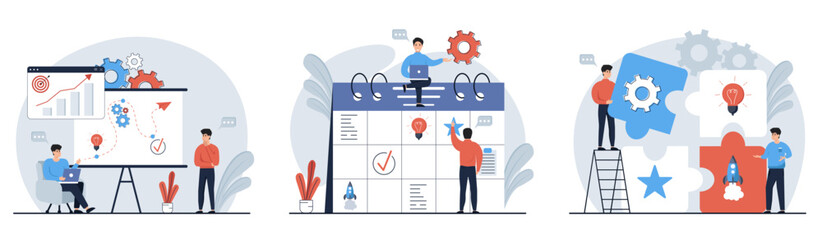 Strategic planning mega set. Bundle of scenes people analyze data statistics, create development plan, improving strategy, create new ideas and promote them. Vector illustrations	