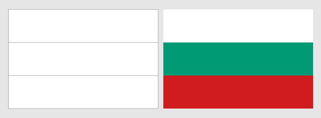 Bulgaria flag - coloring page. Set of white wireframe thin black outline flag and original colored flag.