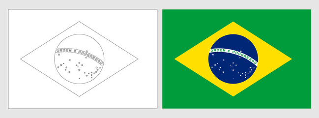 Brazil flag - coloring page. Set of white wireframe thin black outline flag and original colored flag. - 767088048