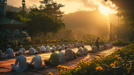 A group of people in white attire praying outdoors at sunset, surrounded by lush greenery and architecture, exuding peace and spirituality.