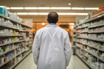 Smiling cheerful confident pharmacist in drugstore store shop Generative AI