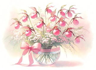 Watercolor of Pink Lady’s Slipper Flowers in Vase
