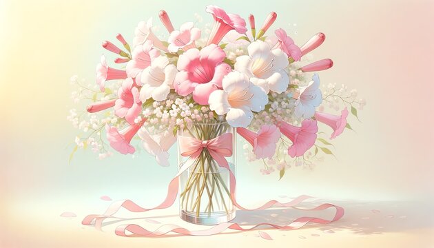 Watercolor of Pink Trumpet Tree Flowers in Vase