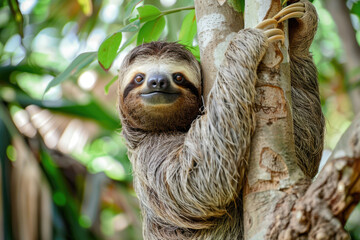A cute sloth hanging on a tree branch with a funny expression
