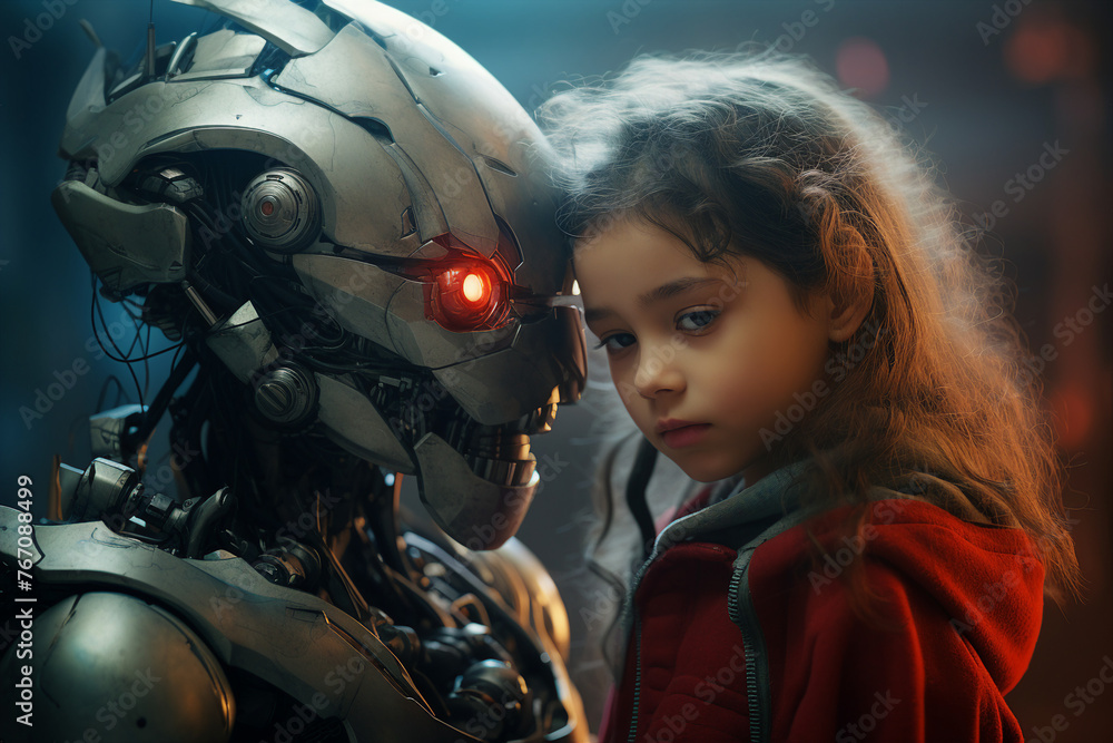 Poster generative ai picture photo of little child playing with artificial intelligence robot friend