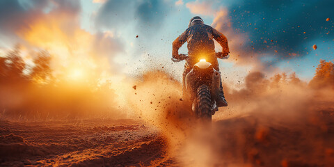back of man rider on sport enduro motorcycle races on dusty desert at sunset