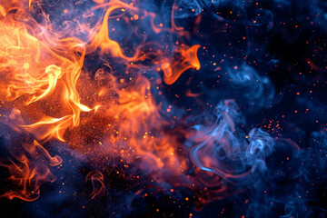 Fire burning on black background smoke and flames.