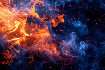 Fototapeta premium Fire burning on black background smoke and flames.