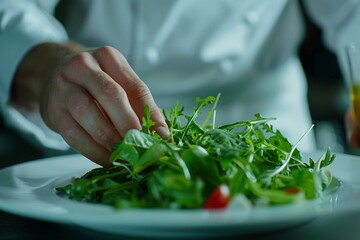 In the controlled chaos of the upscale restaurant's kitchen, the chef's attention to detail is evident in every salad plate they prepare - obrazy, fototapety, plakaty