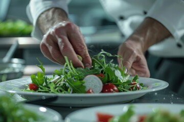 In the kitchen of an upscale restaurant, the chef is meticulously preparing a colorful salad to be served on a pristine plate - Powered by Adobe
