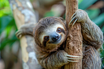 Fototapeta premium A cute sloth hanging on a tree branch with a funny expression