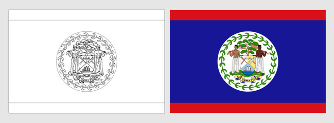 Belize flag - coloring page. Set of white wireframe thin black outline flag and original colored flag.