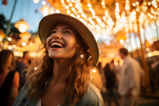 Generated AI image of happy little baby child having fun on a carousel at an amusement park in the evening