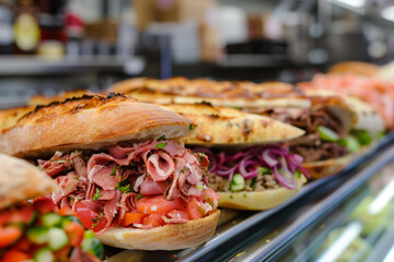 Selection of heavily loaded sandwiches at a New York delicatessen