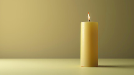 A beautiful lit candle on a solid color background. The candle is unscented and has a long burn time.