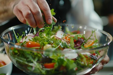 The chef is in the kitchen of an upscale restaurant, preparing a vibrant salad in a glass bowl