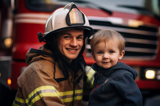 Generative AI photo of a professional brave rescuer firefighter saving small child from burning buildings