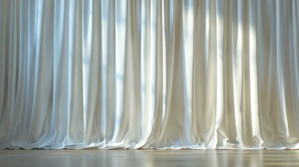 Elegant white curtains with sunlight shining through. The curtains are made of a soft, flowing fabric and are gathered at the top with a simple tie.
