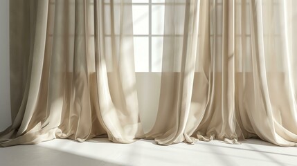 Elegant beige curtains with a honeycomb pattern Ð¿Ñ€Ð¾Ð¿ÑƒÑÐºÐ°ÑŽÑ‚ sunlight through the window. - obrazy, fototapety, plakaty