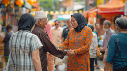 Fototapeta premium Two individuals warmly shaking hands in a bustling street, embodying a moment of neighborly connection amidst urban life
