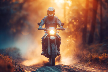 man motorcyclist on a sport enduro motorcycle riding in on dusty forest road at sunset in summer - obrazy, fototapety, plakaty