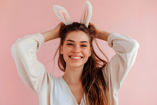 Lächelnde junge brünette Frau mit Hasenohren-Haarreif, Ostern, Spaß, erstellt mit generativer KI