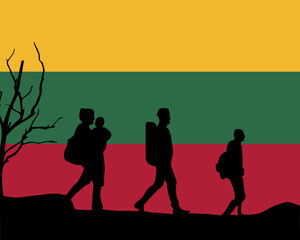 Immigration and refugees front of Lithuania flag, immigrant and refugee concept