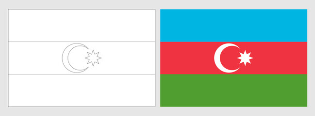 Azerbaijan flag - coloring page. Set of white wireframe thin black outline flag and original colored flag.