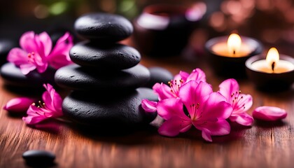 Obraz na płótnie Canvas azalea flowers black massage stones incense sticks for aromatherapy spa 