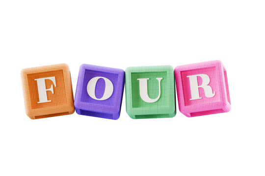 number 4 text on building block learning cubes, on transparent background