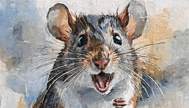 Close-up of Rat with wide open mouth portrait is watercolor painted. watercolor illustration. Watercolor painted background. Front view.