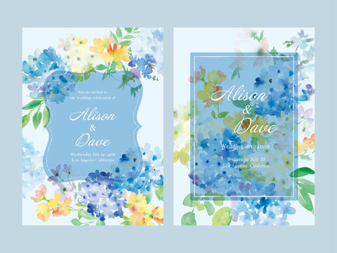 Vector illustration of hydrangeas and wildflowers painted in watercolor for invitation