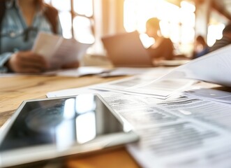 Close up cropped image coffee table full with papers invoices cheque bills, male hands holding receipt calculating company expenses results of incomes, bookkeeper accountant doing paperwork concept