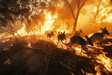 Foto op Plexiglas Flock of kangaroos escaping a forest fire. Concept of forest fire danger. © Alina Reviakina