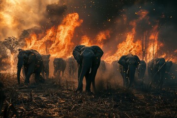Herd of elephants escaping a forest fire. Concept of jungle fire danger. - obrazy, fototapety, plakaty