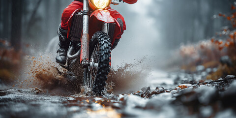 front wheel of a sports enduro motorcycle riding on dirty road in forest close-up