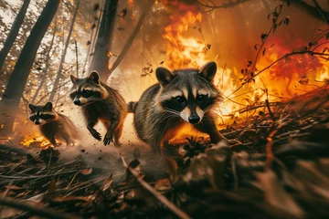 Foto op Plexiglas Scared racoons escaping forest fire. Concept of forest fire danger © Alina Reviakina