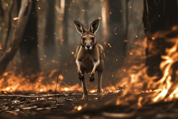 Kangaroo escaping a forest fire. Concept of forest fire danger. - obrazy, fototapety, plakaty