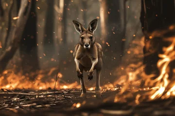 Selbstklebende Fototapeten Kangaroo escaping a forest fire. Concept of forest fire danger. © Alina Reviakina